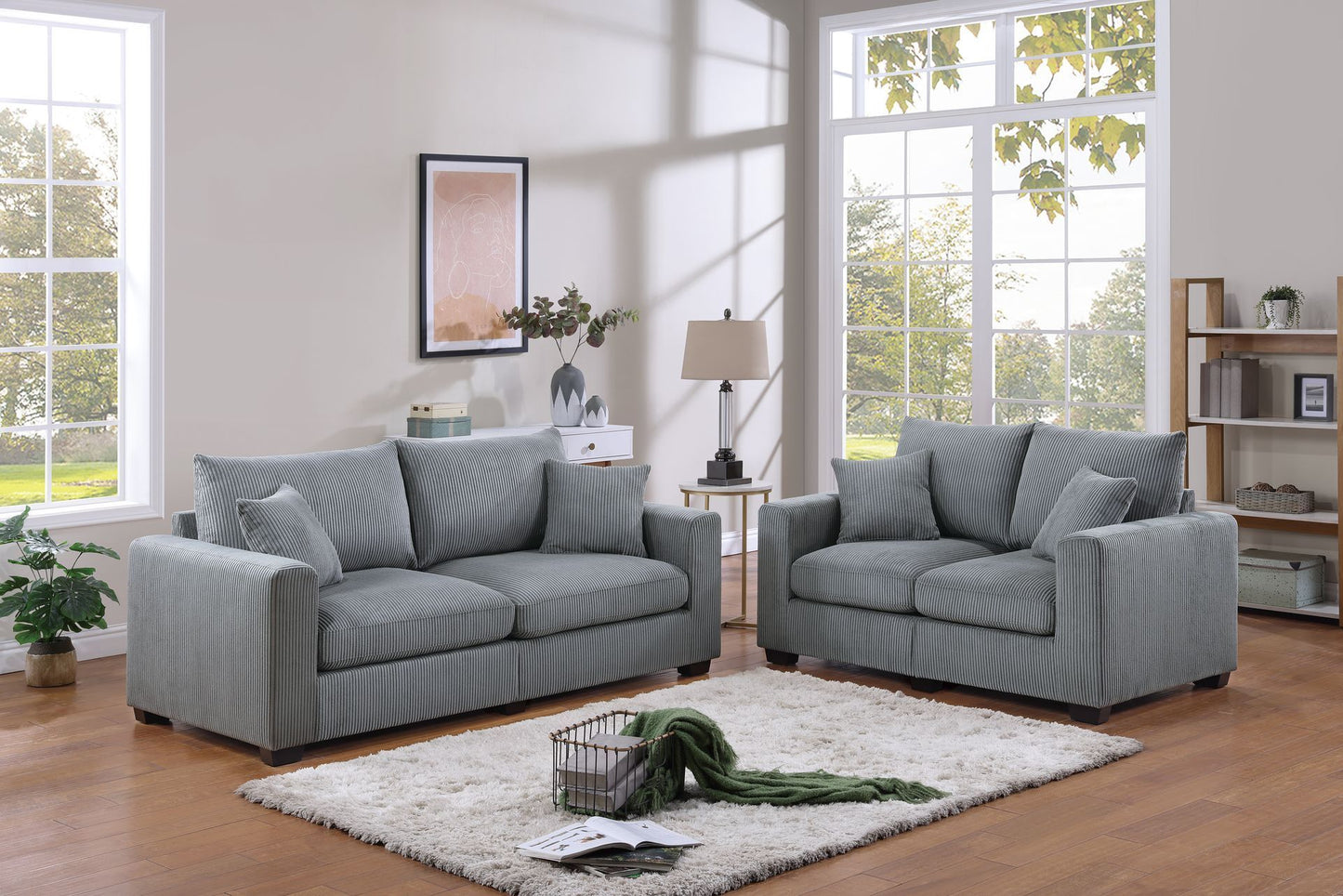 Light Gray Corduroy 2 Piece Sofa Set