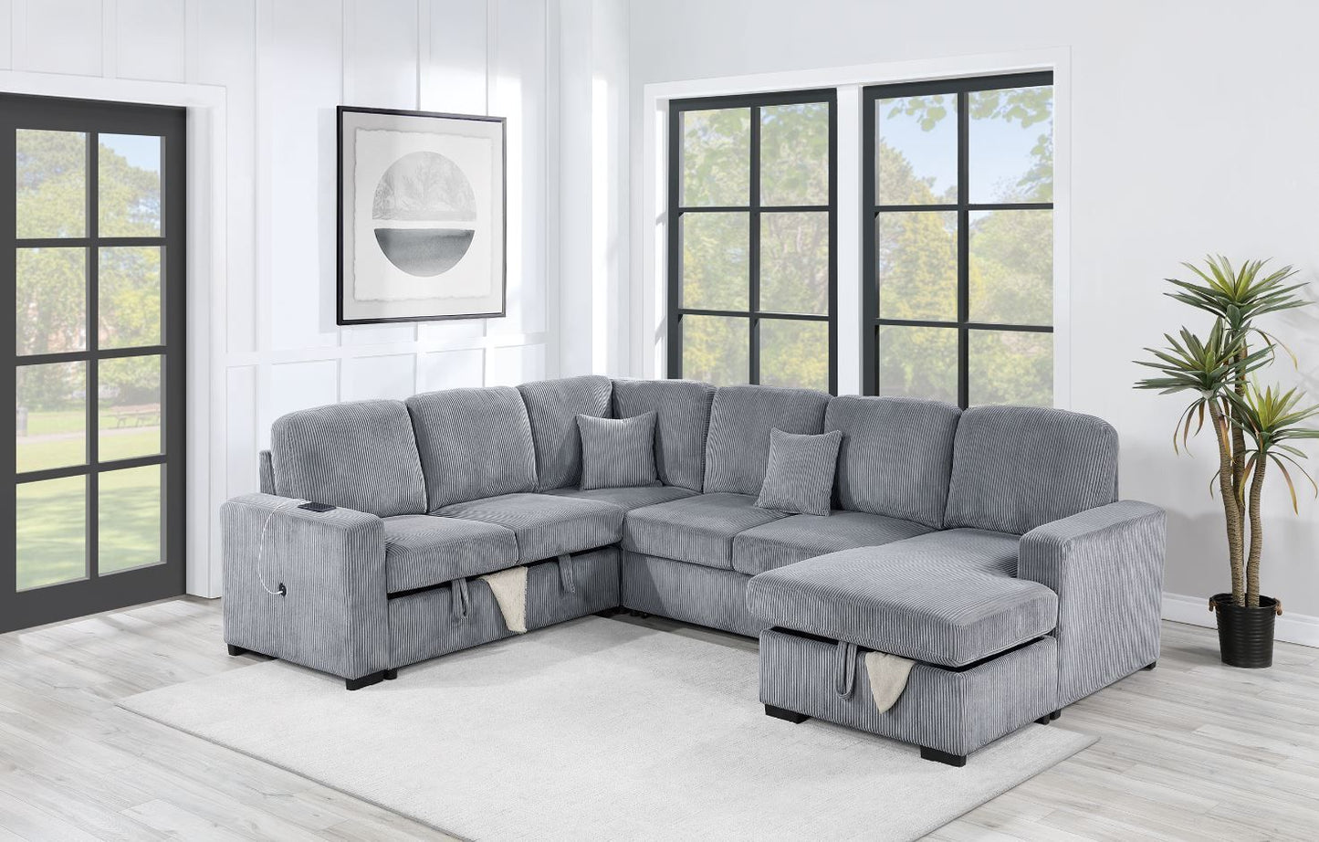 Light Gray Corduroy 4 Piece Convertible Sectional Sofa