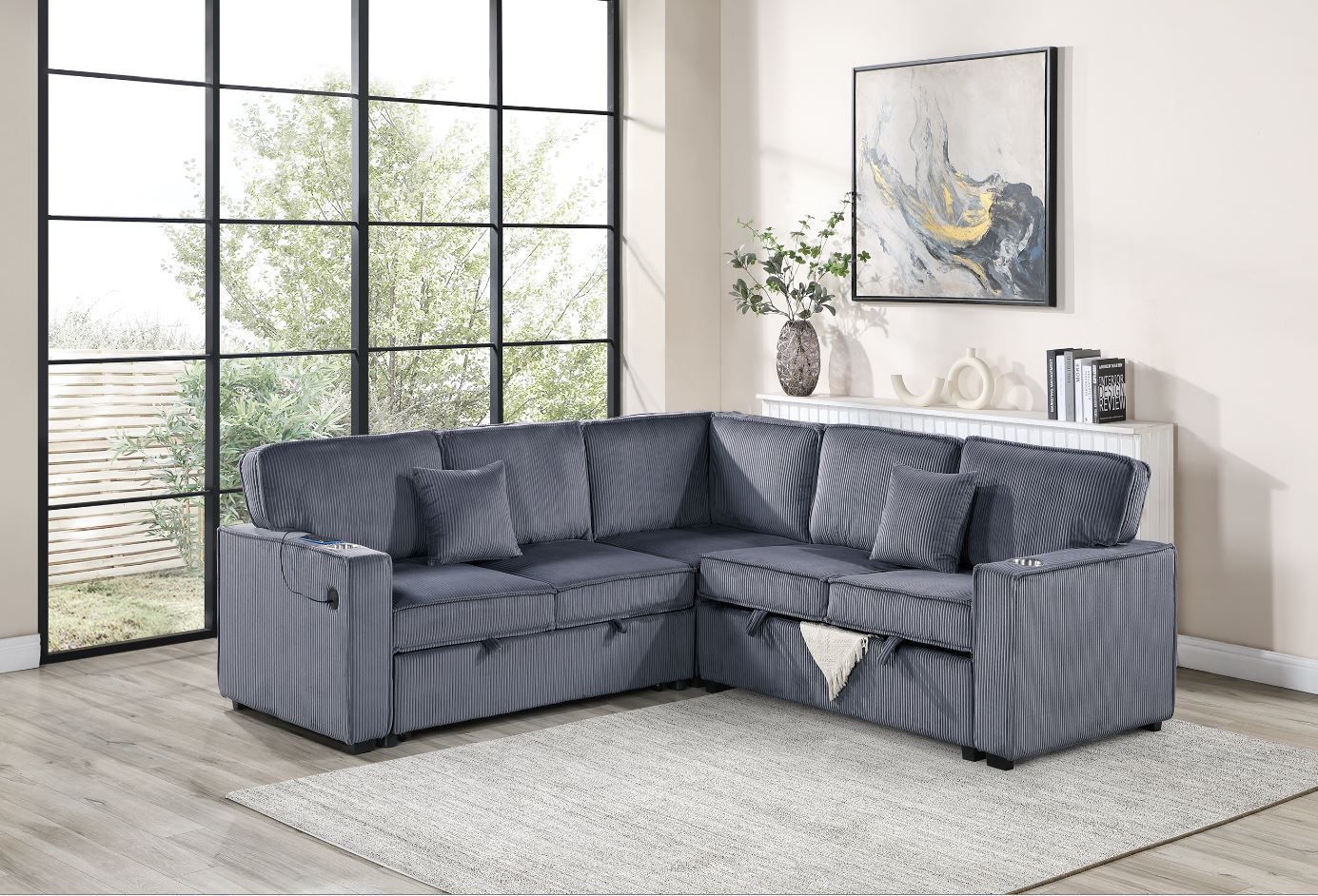 Dark Gray Corduroy 3 Piece Convertible Sectional Sofa