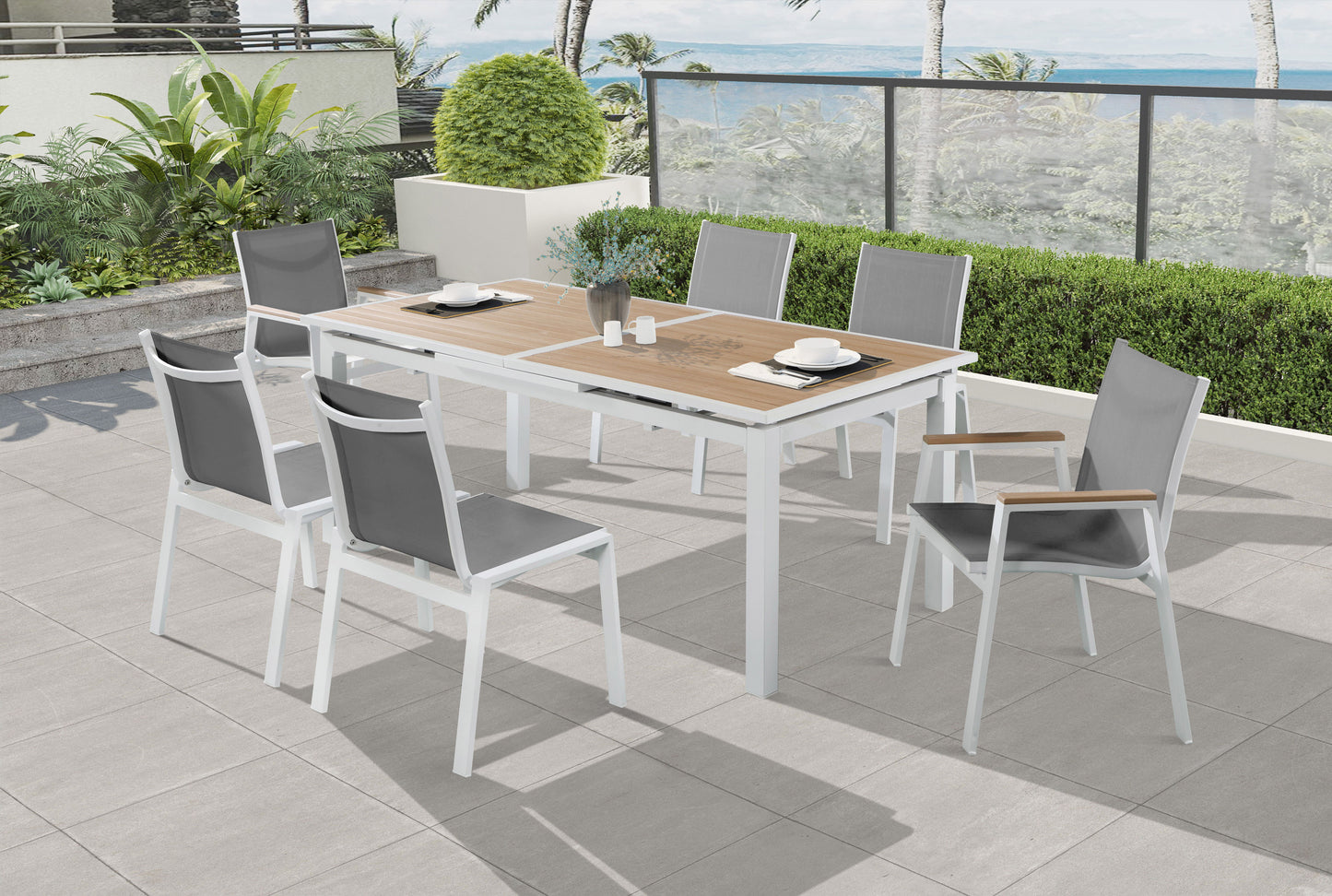 Nizuc - Outdoor Patio Dining Arm Chair With White Frame And Natural Arms (Set of 2)