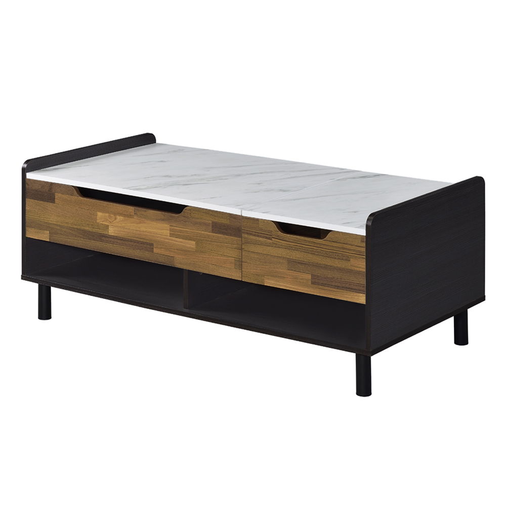 Axel - Coffee Table With Lift Top - White Printed Faux Marble Top, Walnut & Black