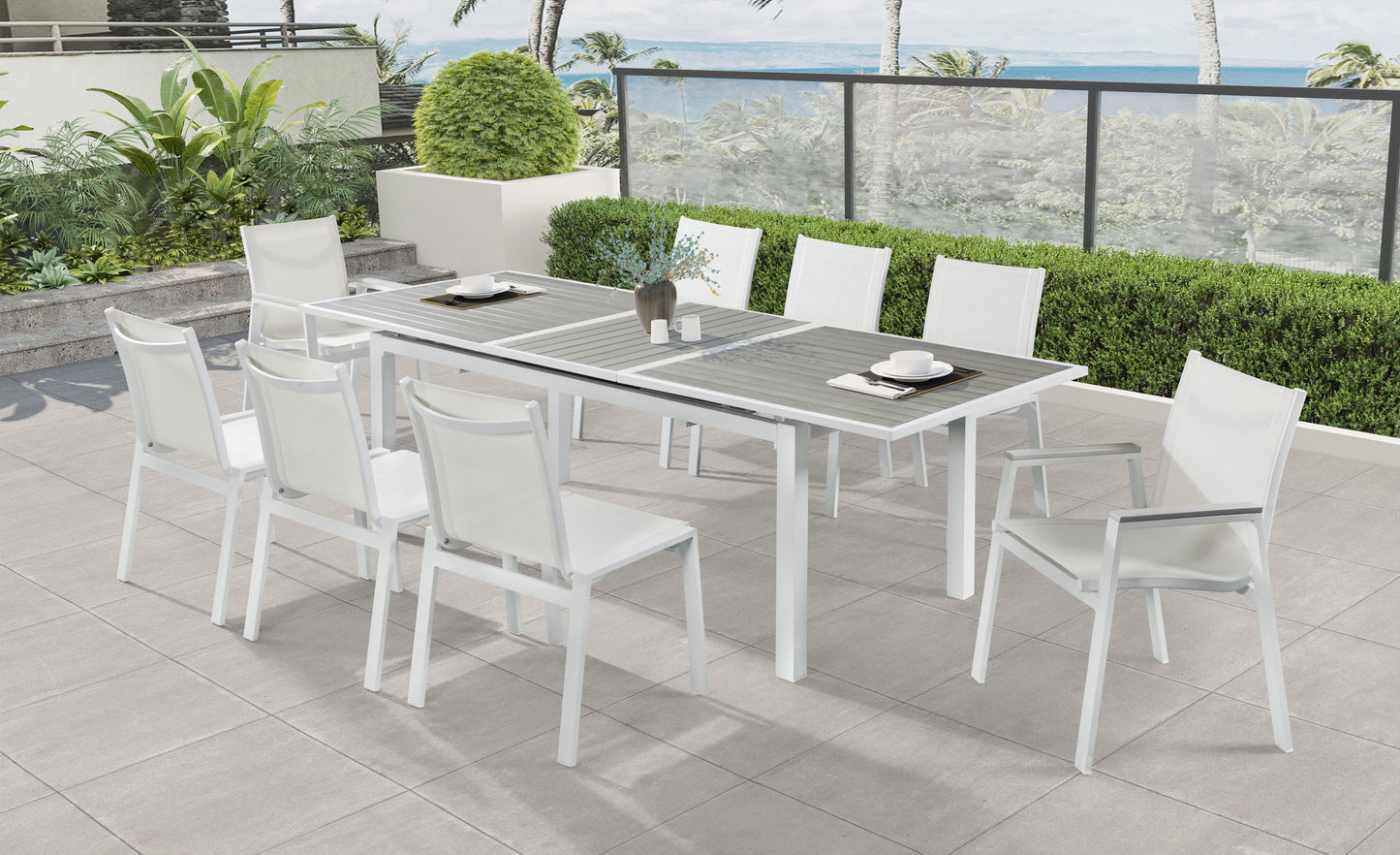 Nizuc - Outdoor Patio Dining Arm Chair With White Frame And Gray Arms (Set of 2)