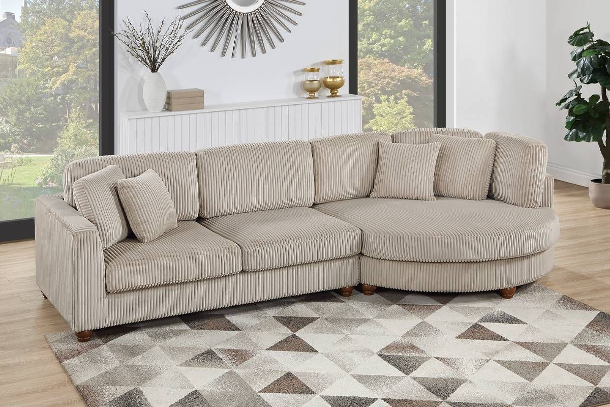 Beige Gray Corduroy Sectional With Round Chaise