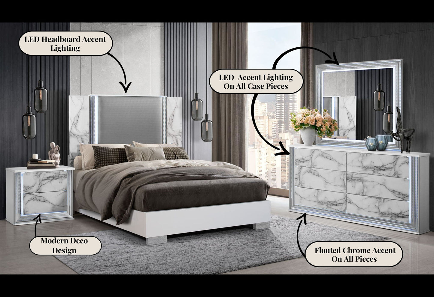 Ylime - 5 Piece King Bedroom Set (Bed, Dresser, Mirror, Chest, Nightstand) - White Marble