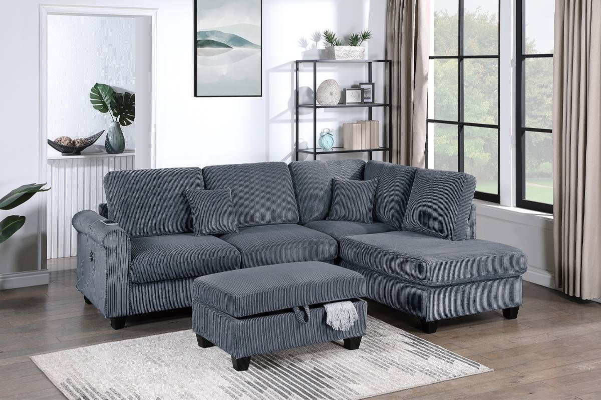 Dark Gray Corduroy Chaise Sectional With Charger and Storage Ottoman