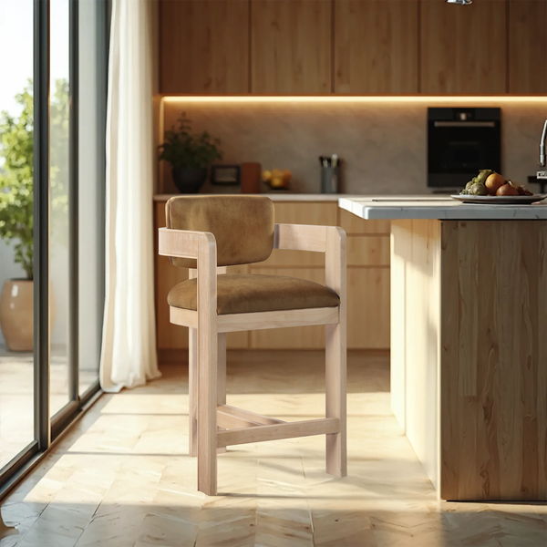 Sacha - Velvet Stool With Natural Base - Saddle