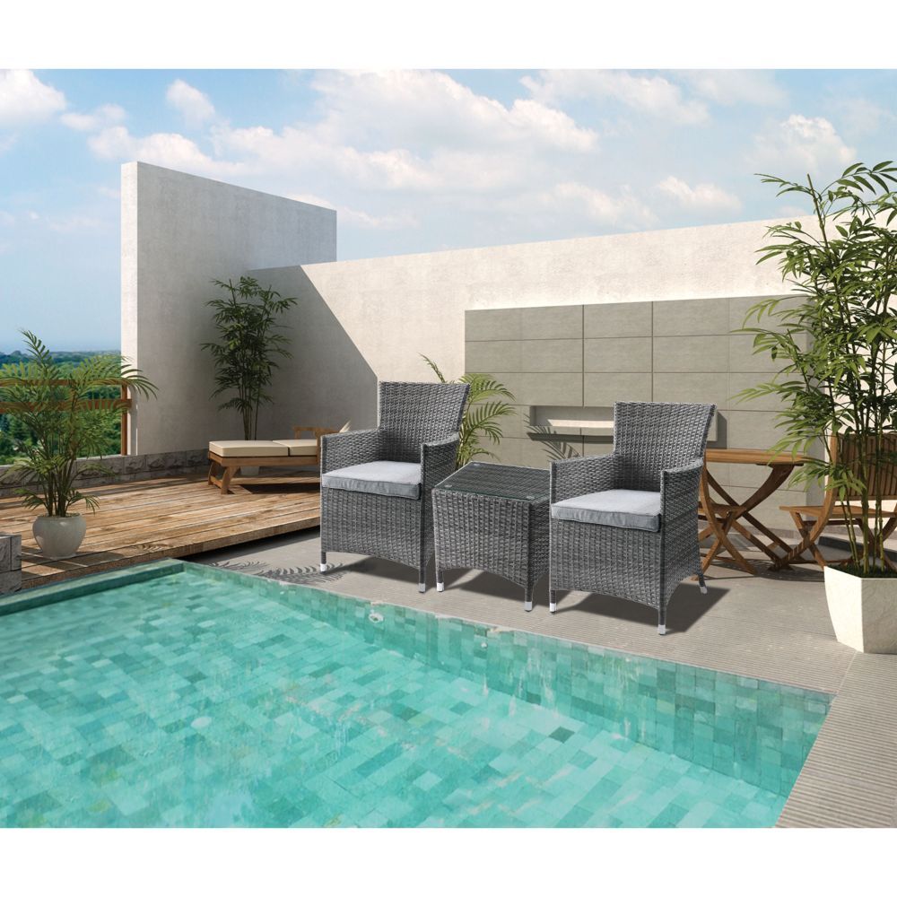 Tashelle - 3 Piece Patio Bistro Set - Gray Fabric & Gray Wicker