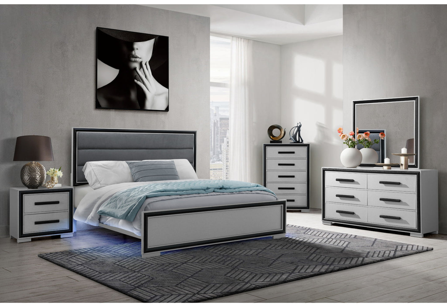 Amelia - 5 Piece Full Bedroom Set With LED, Cooler And Speaker - Black / Gray