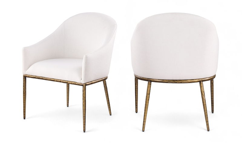 Ferro - Linen Textured Performance Fabric Upholstered Dining Arm Chair - Cream / Brushed Gold