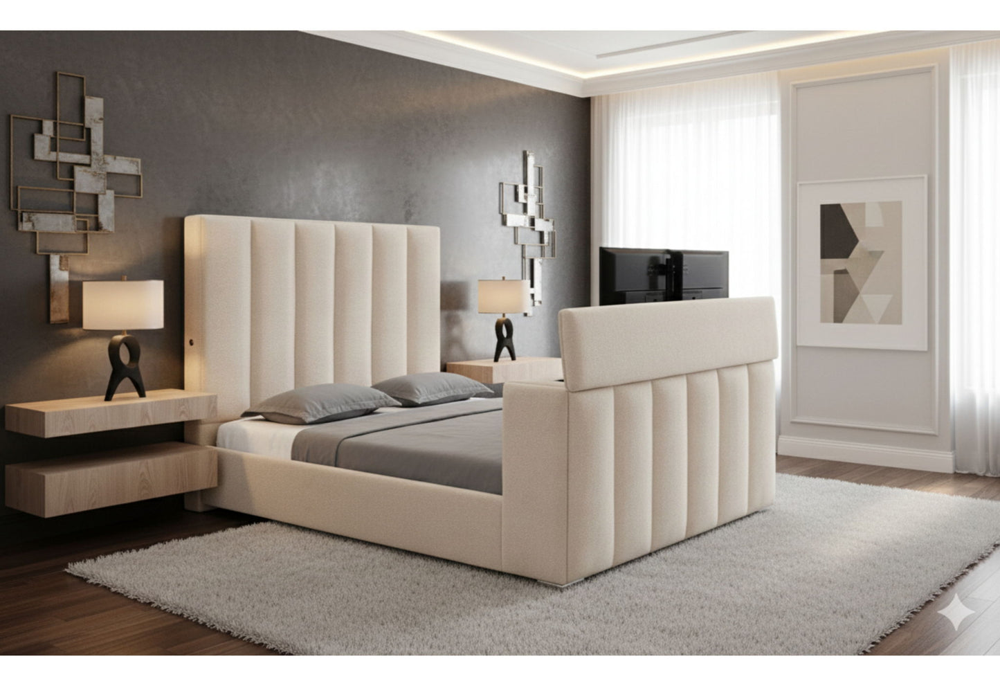 Serenity - King Bed With Speaker, TV Lift And Fireplace - Cream