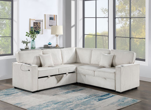 Beige Corduroy 3 Piece Convertible Sectional Sofa