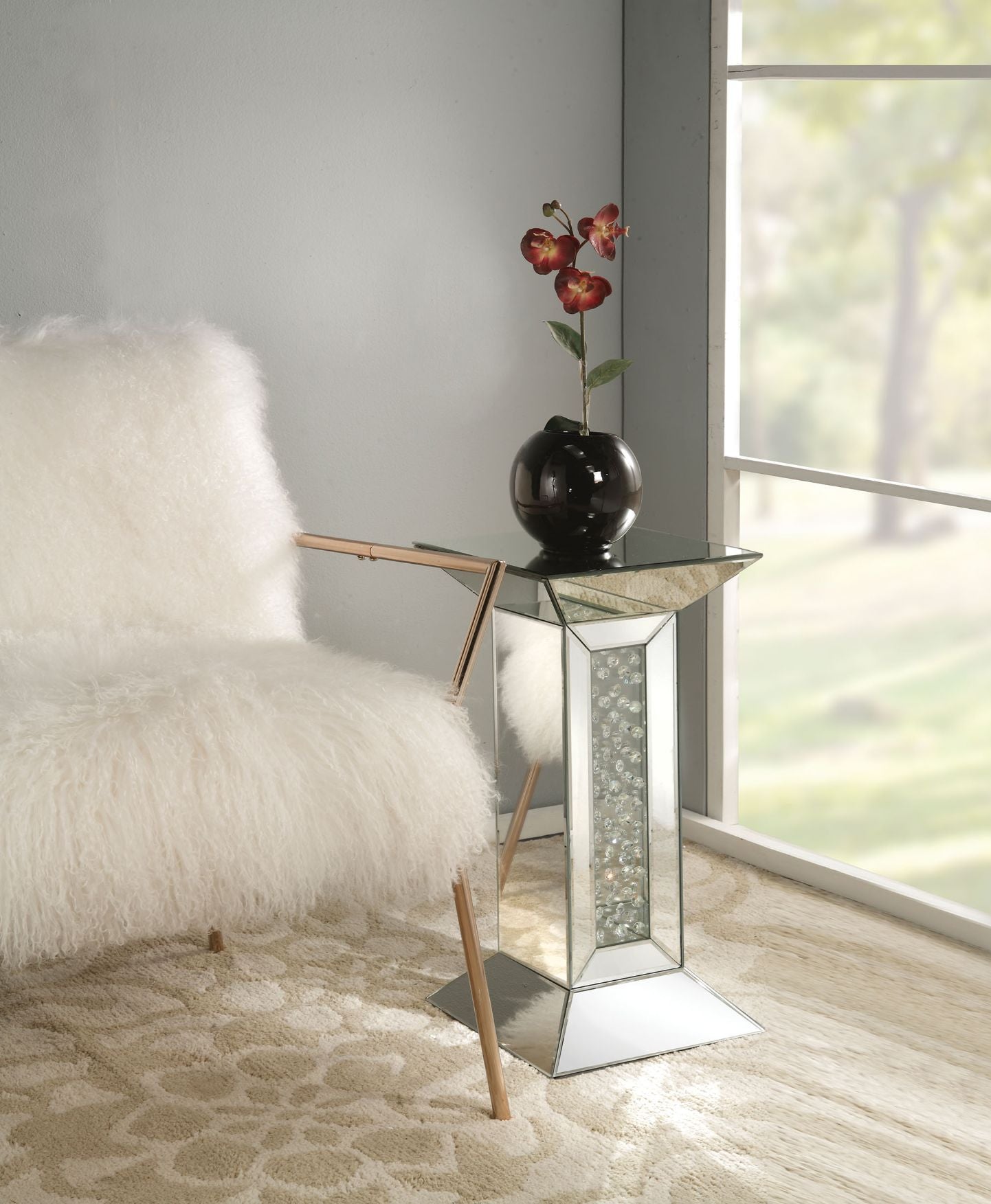 Nysa - 24" Pedestal Stand - Mirrored & Faux Crystals