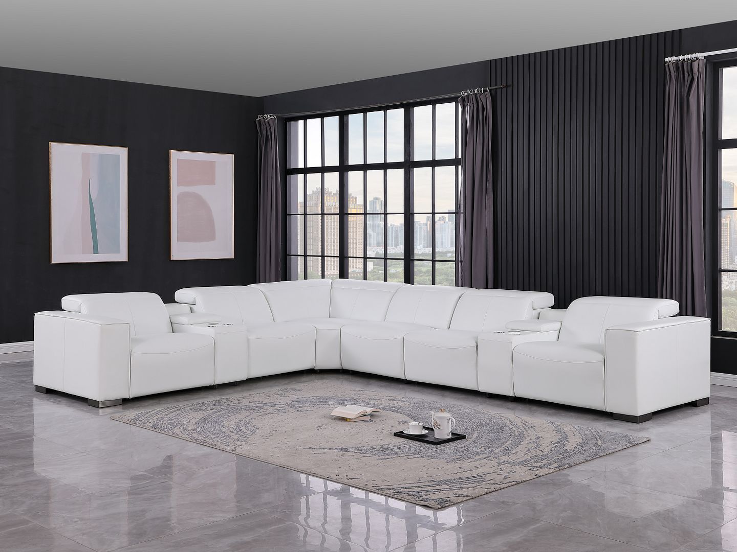 1208 - 8 Piece L Shaped Leather Sectional With 4 Power Recliners & Power Headrests