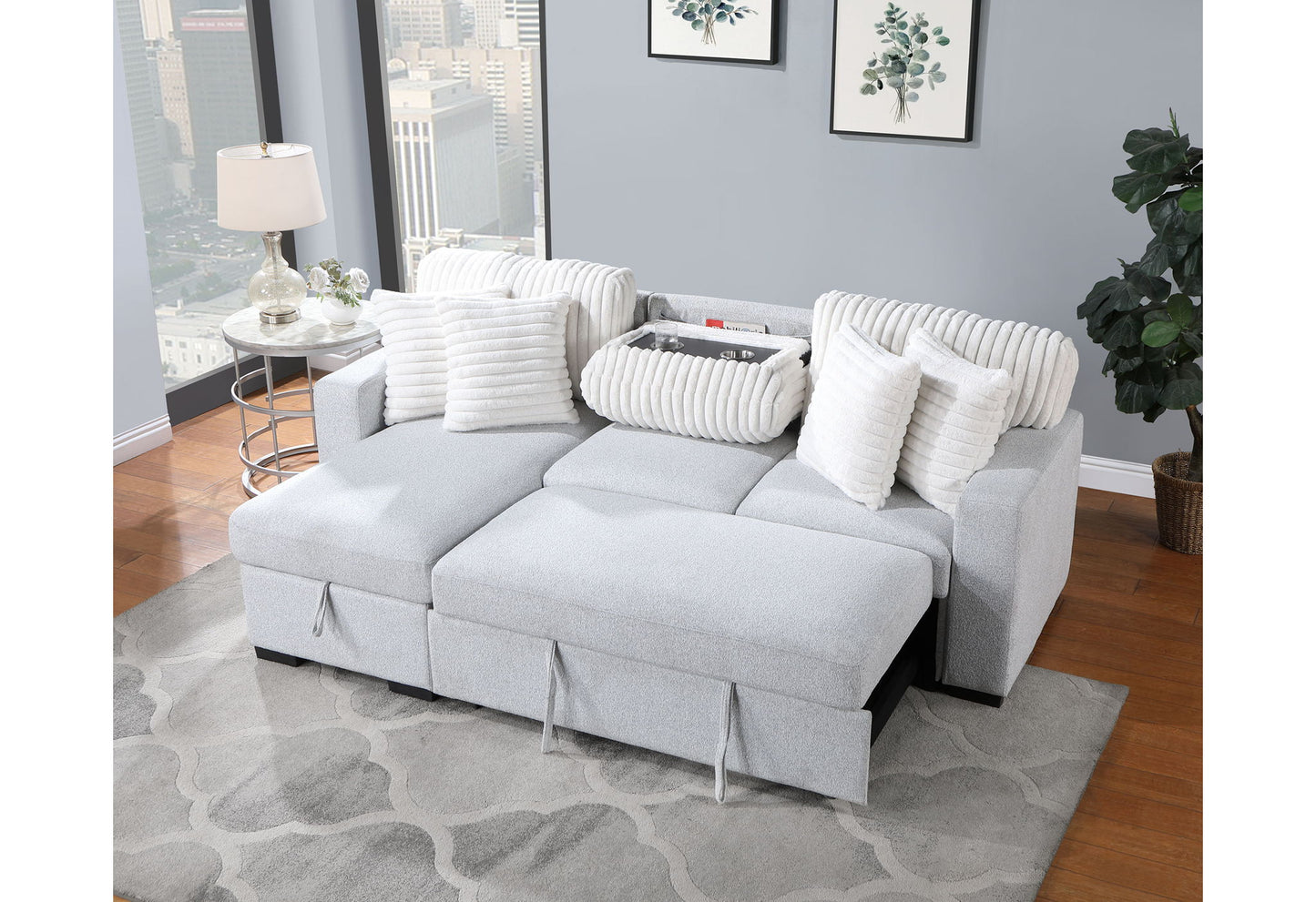 U0204 - Reversible Pull Out Sofa Bed - Light Gray / White