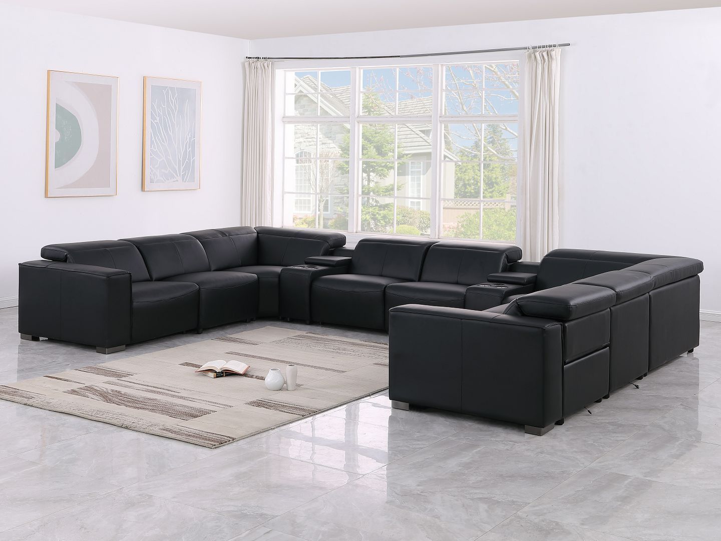 1208 - 10 Piece U Shaped Leather Sectional With 4 Power Recliners & Power Headrest