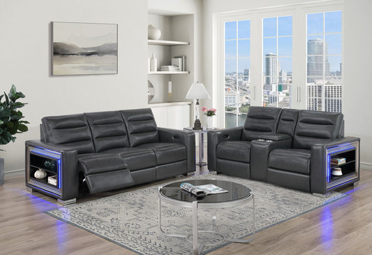 Ylime - Power Reclining Sofa With USB And Bookcase Arm LED, Power Console Reclining Loveseat With Bookcase LED - Charcoal