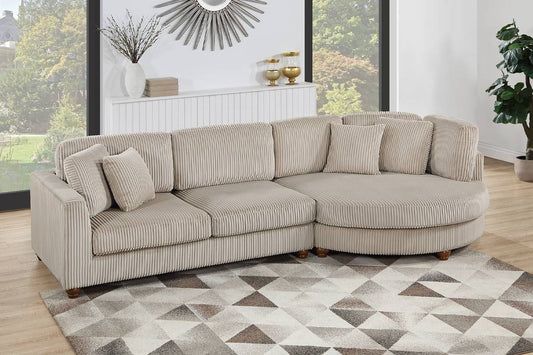 Beige Gray Corduroy Sectional With Round Chaise