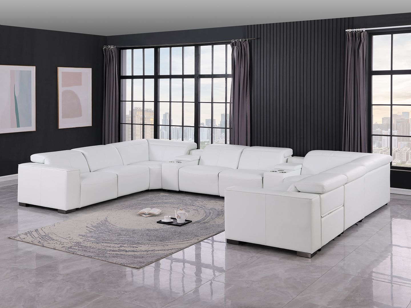 1208 - 10 Piece U Shaped Leather Sectional With 4 Power Recliners & Power Headrest