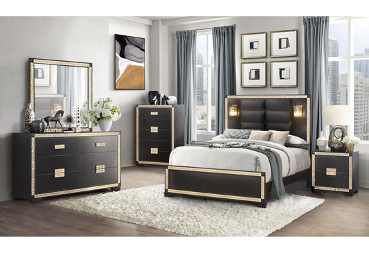 Blake - 6 Piece King Bedroom Set (Bed, Dresser, Mirror, 2 Nightstands, Chest) - Black / Gold