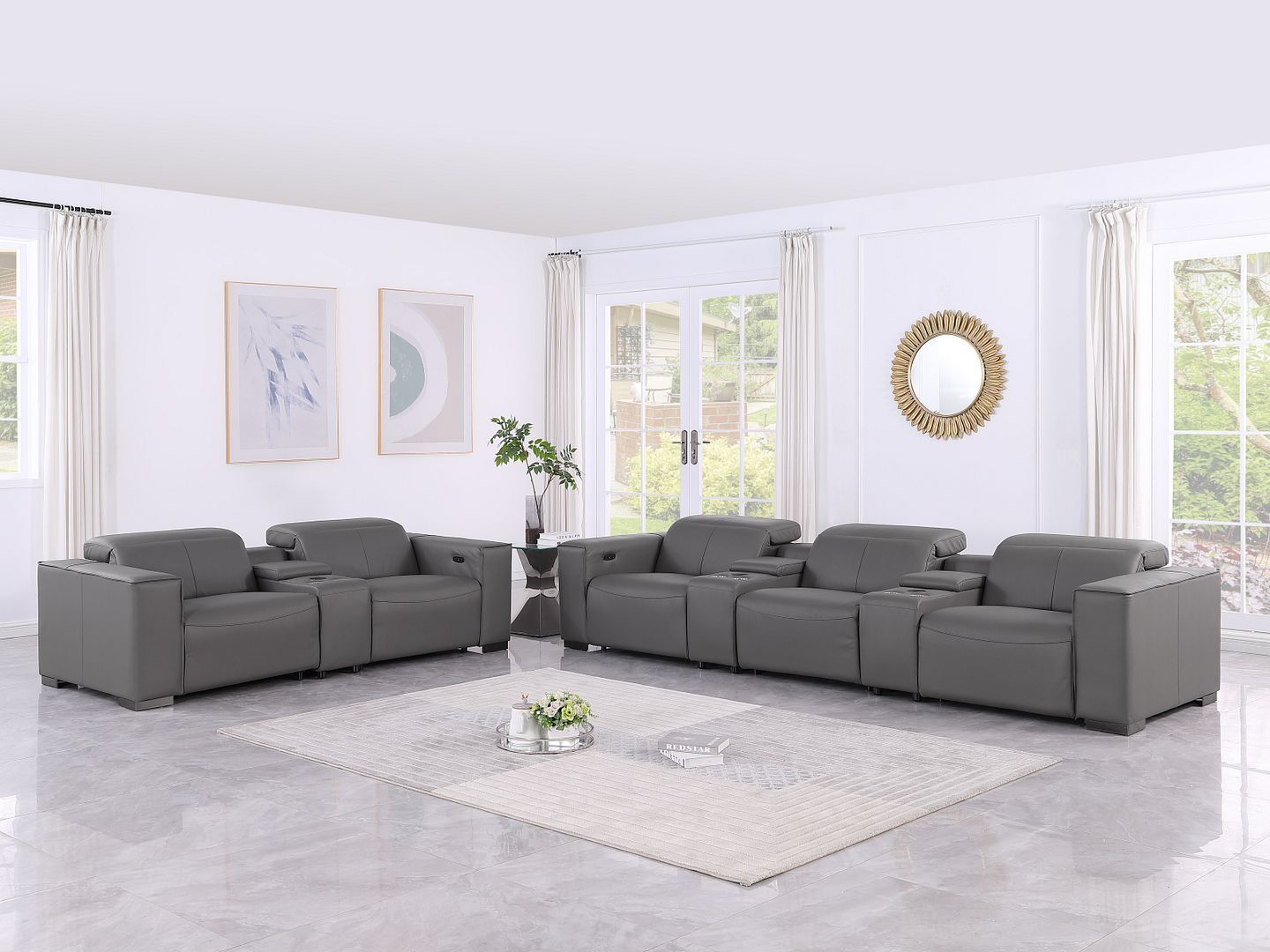 1208 - Modular Leather Sofa Loveseat With 6 Recliners And Power Headrests
