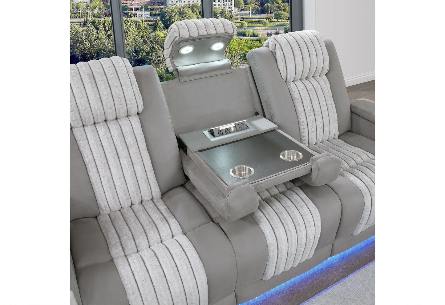 U8000 - 3 Piece Living Room Set (Power Console Reclining Loveseat With Power Headrest LED & Bluetooth Speaker, Power Reclining Sofa With Headrest DDT Table Reading Light & LED) - Gray