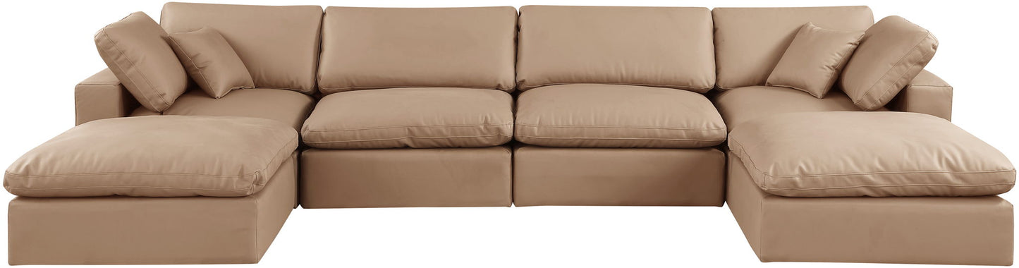 Comfy - 6 Piece Faux Leather Modular Double Chaise Sectional - Tan