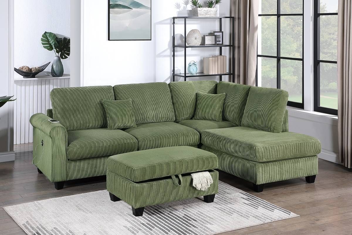 Sage Corduroy Chaise Sectional With Charger and Storage Ottoman
