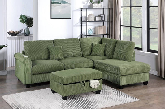 Sage Corduroy Chaise Sectional With Charger and Storage Ottoman