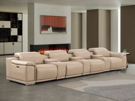 2679 - Genuine Leather Sofa With 4 Power Recliners, Power Headrests & 3 Storage Consoles