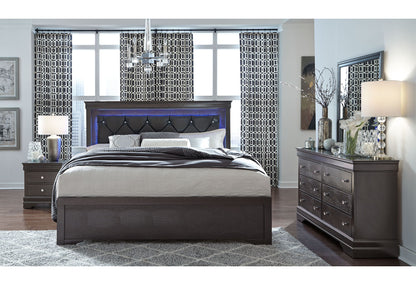 Pompei - 5 Piece Queen Bedroom Set (Bed With LED, Dresser, Mirror, 2 Nightstands) - Gray