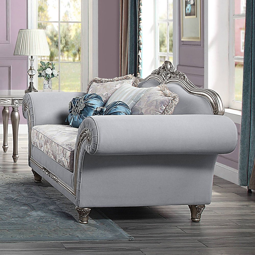 Pelumi - Loveseat With 5 Pillows - Light Gray Linen & Platinum