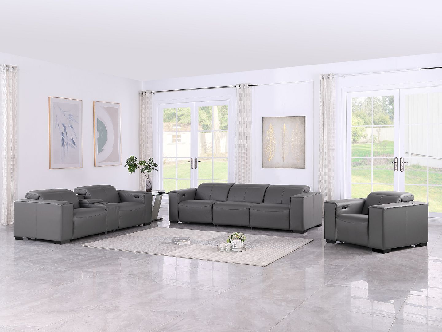 1208 - Modular Leather Set With 5 Power Recliners & Power Headrests