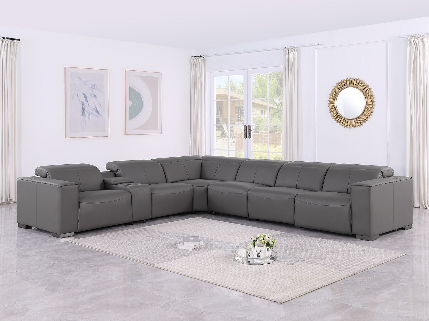 1208 - 7 Piece L-Shaped Leather Reclining Sectional With 3 Power Recliners